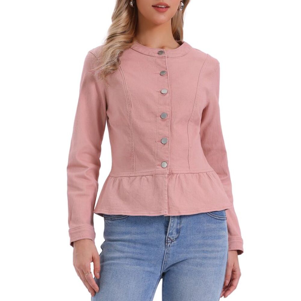 Women's Collarless Peplum Denim Jacket Dusty Pink